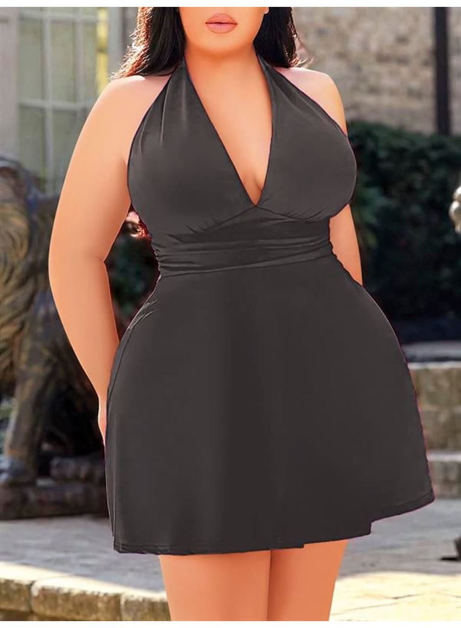 Büyük Beden Antrasit Boyundan Bağlamalı Mini Gecelik