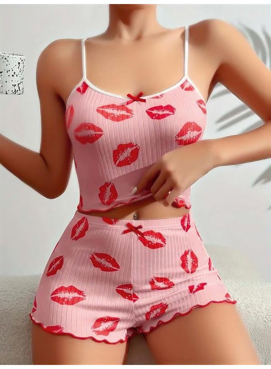 Pamuklu Kiss Öpücük Desen Pembe Şortlu Pijama Takımı