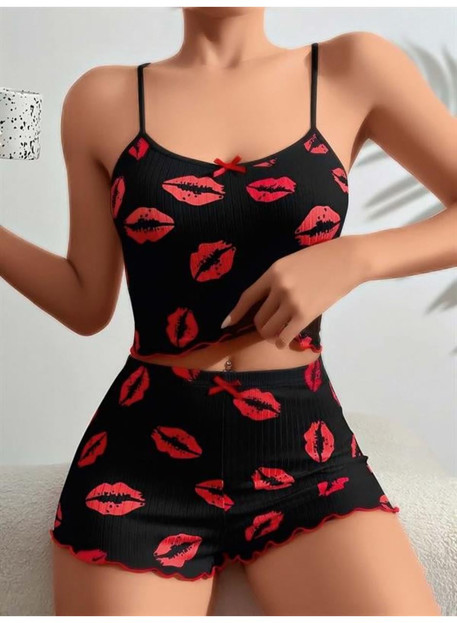 Pamuklu Kiss Öpücük Desen Siyah Fitilli Şortlu Pijama Takımı