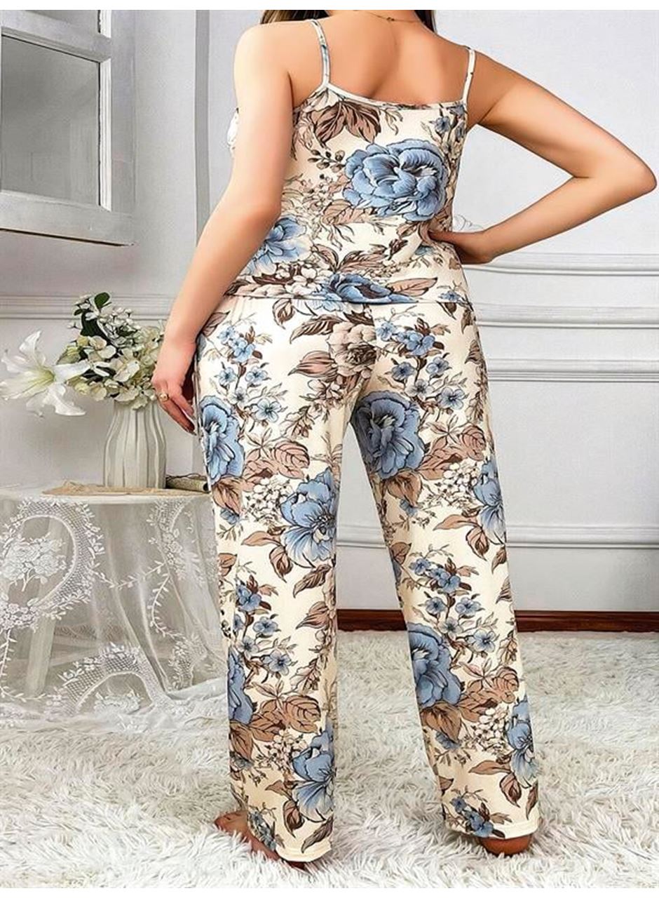 Büyük Beden Mavi Çiçek Desenli İnce Askılı 2'li Saten Pijama