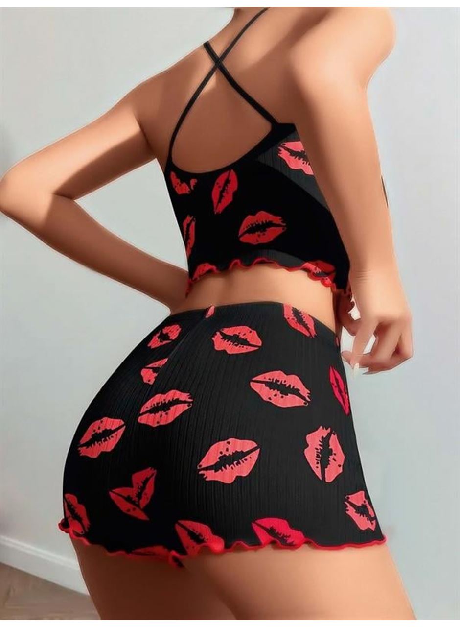Pamuklu Kiss Öpücük Desen Siyah Fitilli Şortlu Pijama Takımı