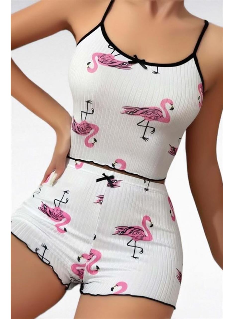 Pamuklu Beyaz Üstüne Pelikan Desen Fitilli Askılı Şortlu Pijama Takımı