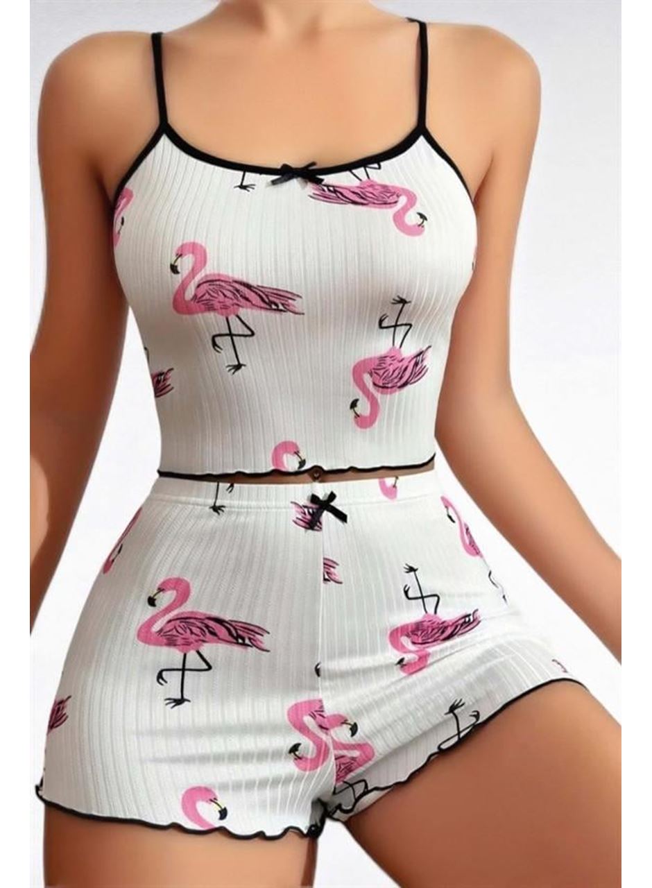 Pamuklu Beyaz Üstüne Pelikan Desen Fitilli Askılı Şortlu Pijama Takımı