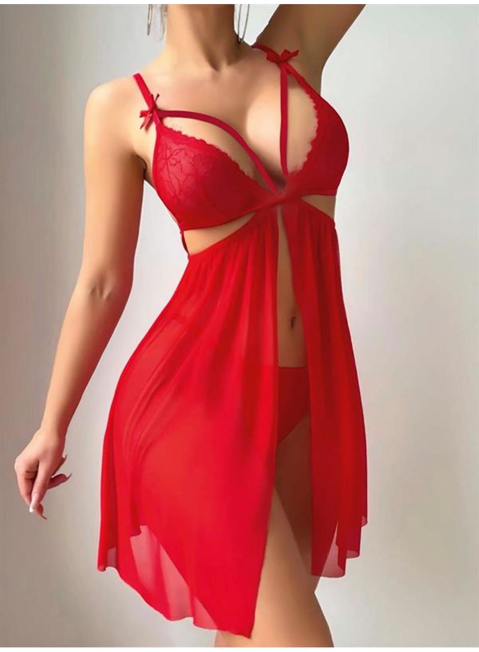 Kırmızı Göğüs İp Detaylı Dantel İşlemeli Tül Gecelik