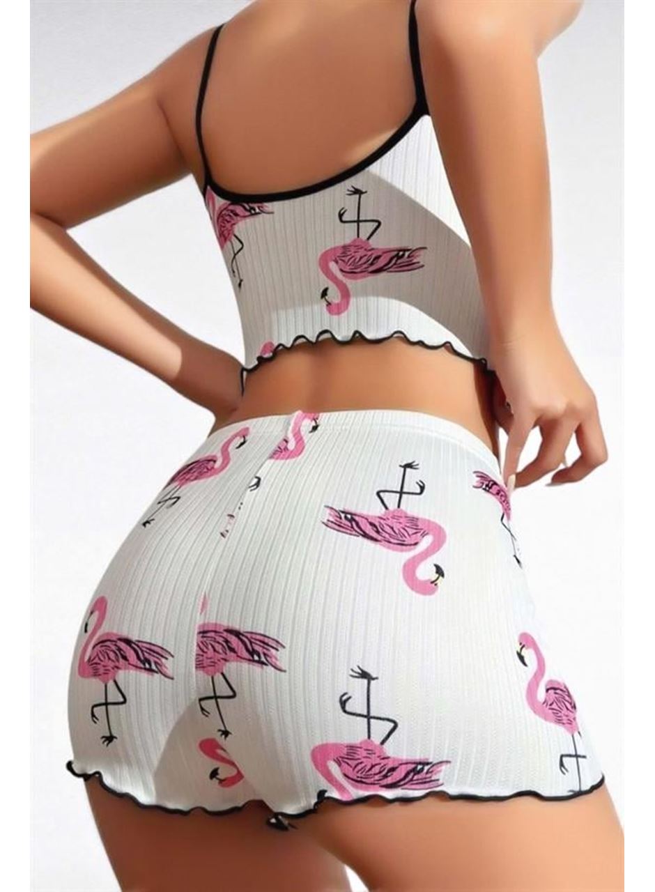 Pamuklu Beyaz Üstüne Pelikan Desen Fitilli Askılı Şortlu Pijama Takımı