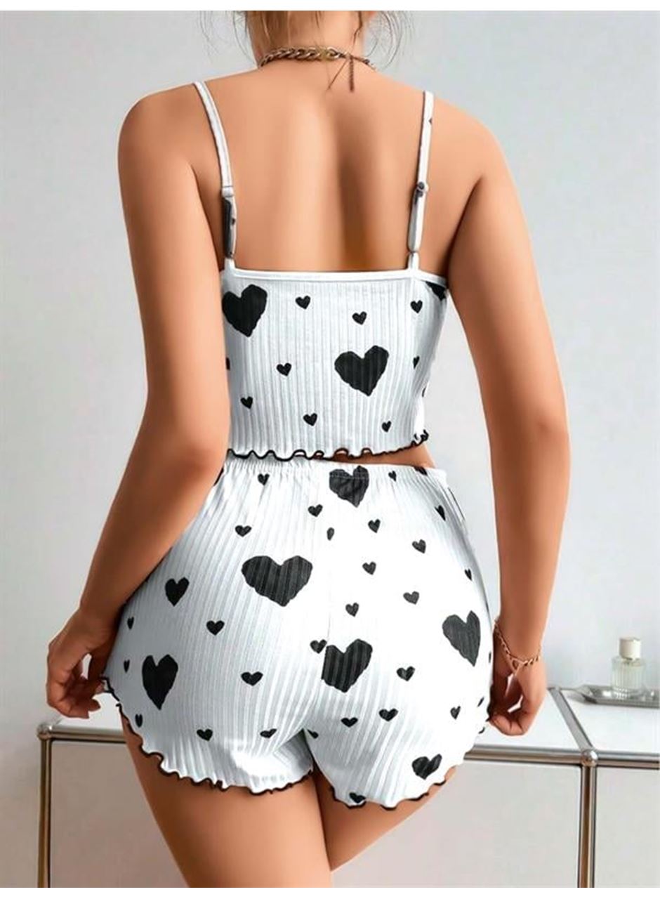 Pamuklu Beyaz Üstüne Siyah Kalp Desen Fitilli Askılı Şortlu Pijama Takımı