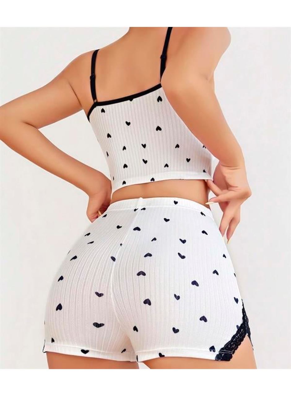 Pamuklu Beyaz Üstüne Siyah Kalp Desen Fitilli Askılı Şortlu Pijama Takımı