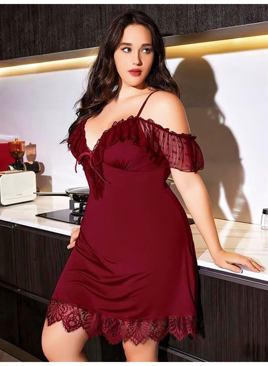 Büyük Beden Bordo Dantel İşlemeli İnce Askılı Gecelik