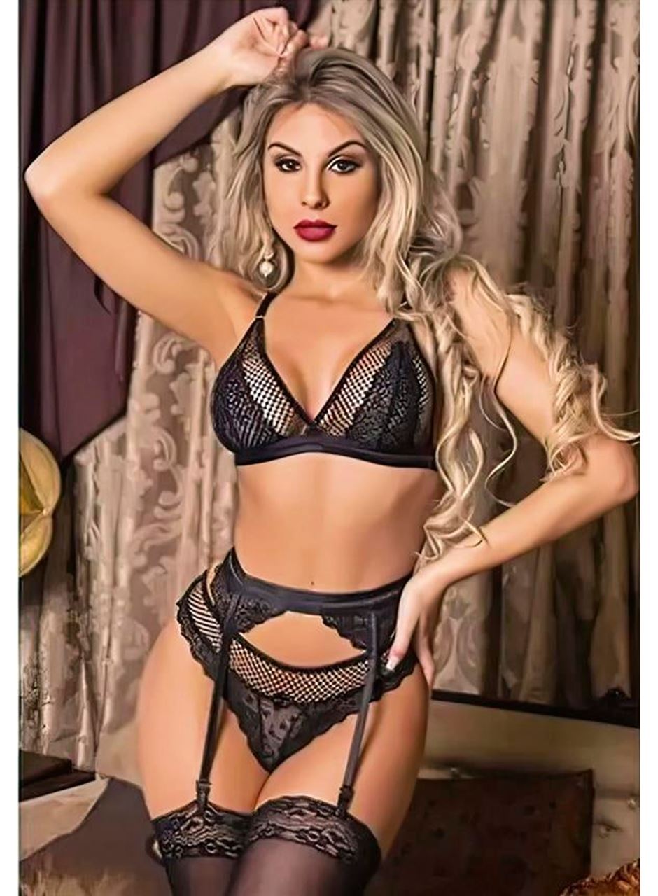 Siyah Dantel İşlemeli Fileli Fantezi Jartiyer Takımı