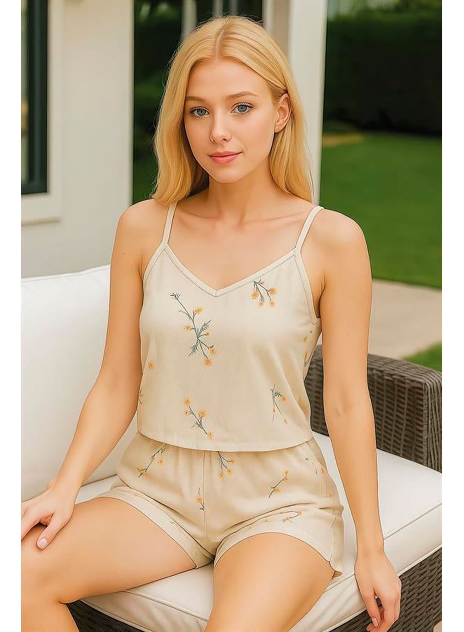 Gri Çiçek Desenli Askılı Şortlu Pijama Takımı