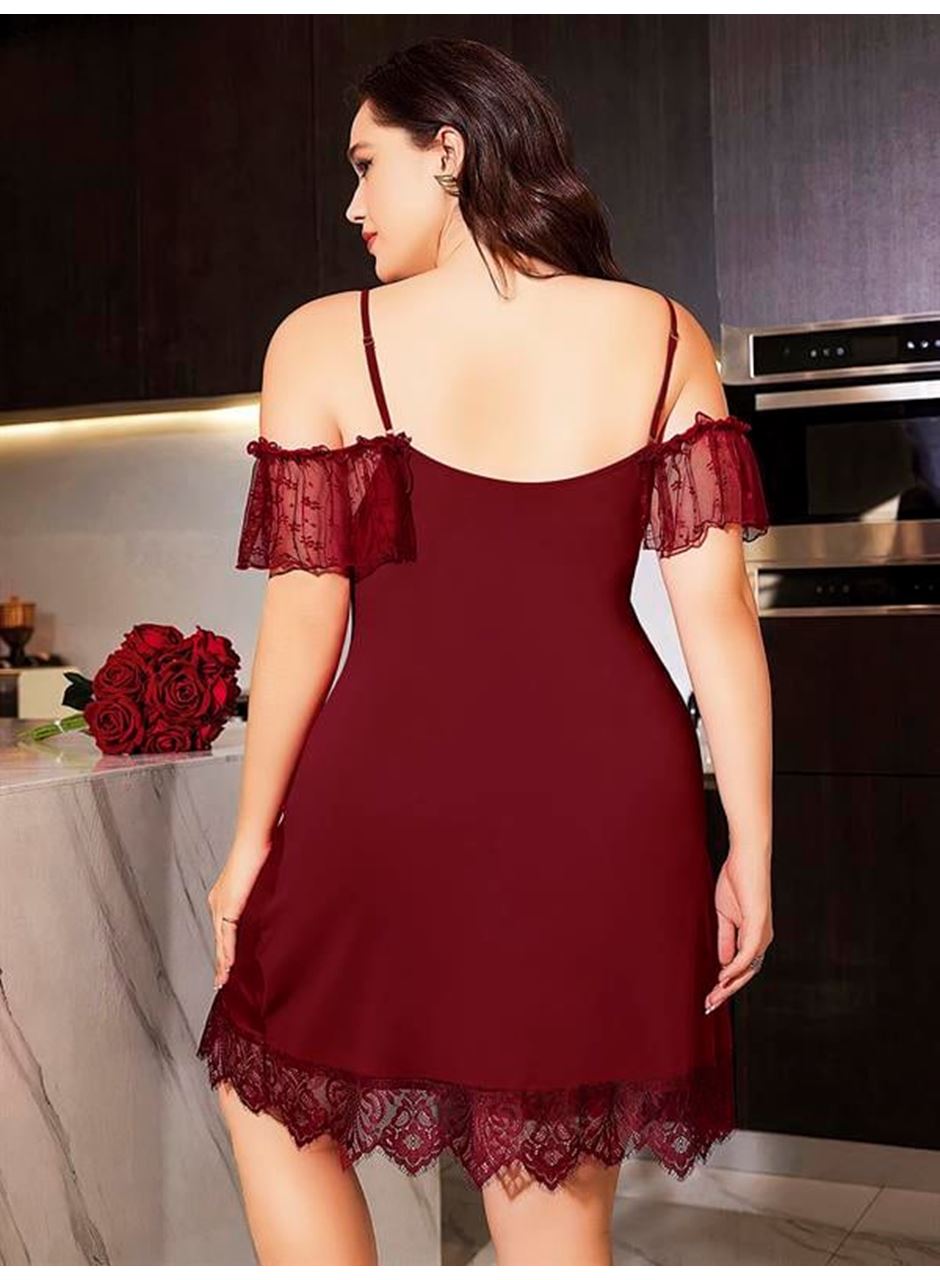 Büyük Beden Bordo Dantel İşlemeli İnce Askılı Gecelik