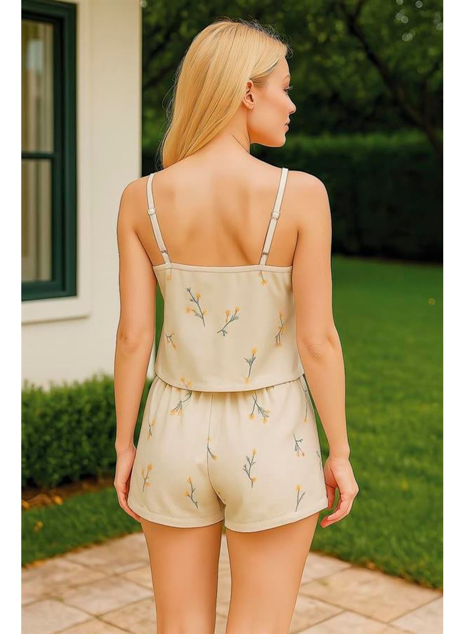 Gri Çiçek Desenli Askılı Şortlu Pijama Takımı