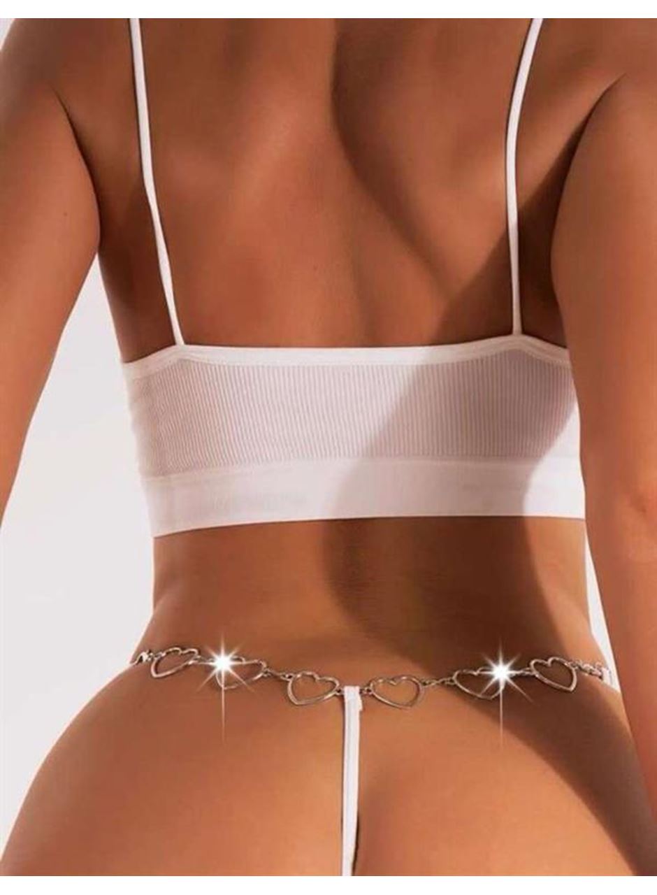 Zincir Kalp Detaylı Fantezi Beyaz String Tanga