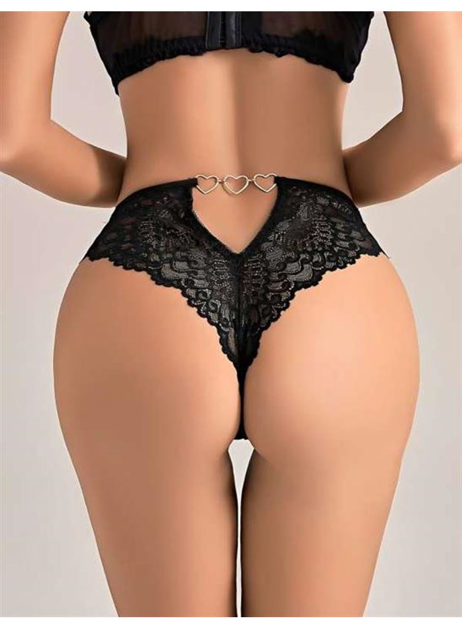Siyah Dantel İşlemeli Arkası Kalp Detaylı Fantezi String Tanga