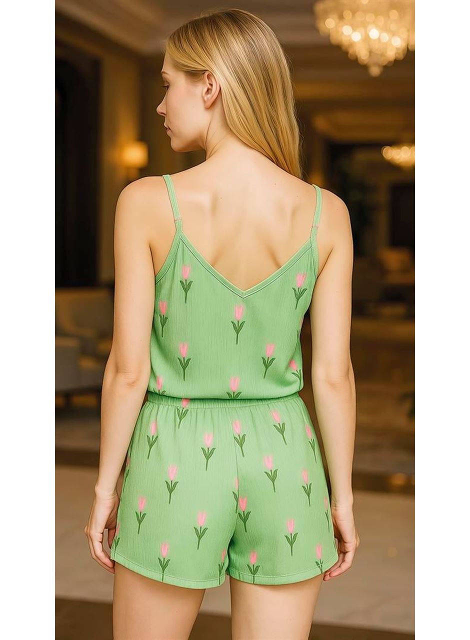 Yeşil Çiçek Desenli Askılı Şortlu Pijama Takımı