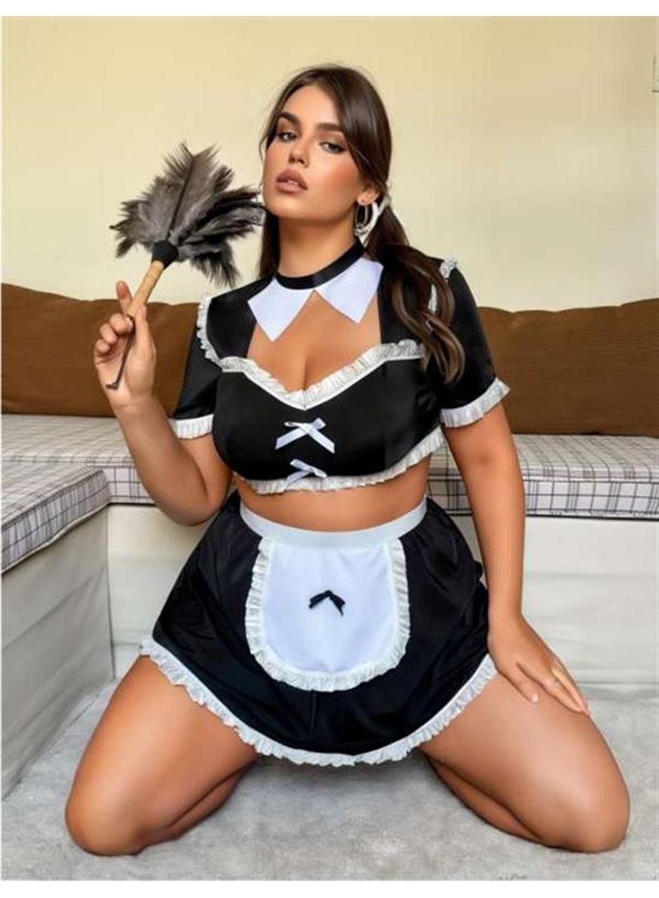 Büyük Beden Mini Etekli Büstiyerli Fantezi Hizmetçi Kostümü