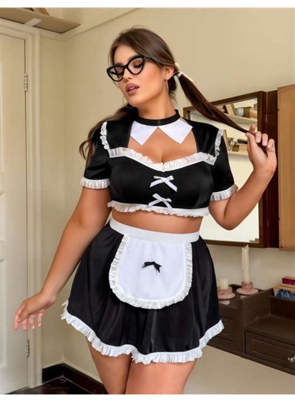 Büyük Beden Mini Etekli Büstiyerli Fantezi Hizmetçi Kostümü