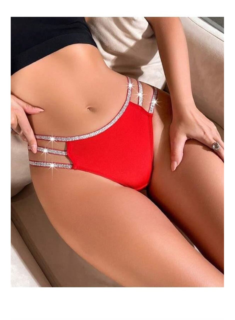 Kırmızı Simli Yanları Şeritli Şık Fantezi Külot