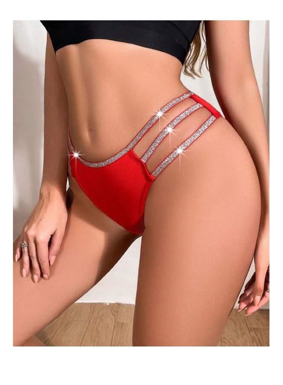 Kırmızı Simli Yanları Şeritli Şık Fantezi Külot