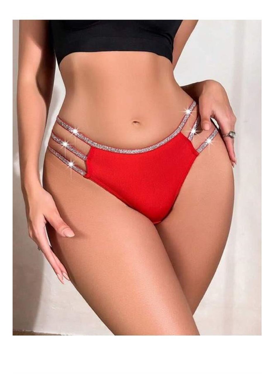 Kırmızı Simli Yanları Şeritli Şık Fantezi Külot