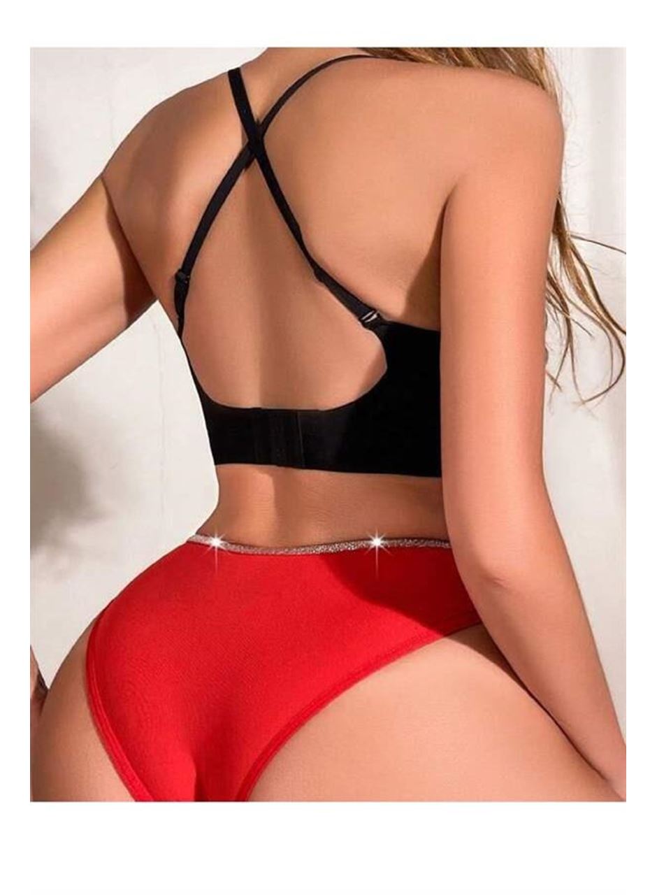 Kırmızı Simli Yanları Şeritli Şık Fantezi Külot