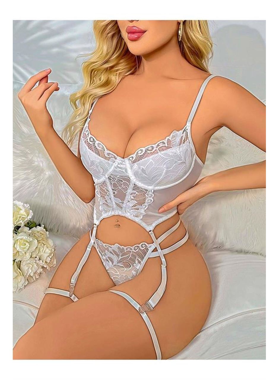 Transparan Beyaz Dantel İşlemeli Büstiyerli Jartiyer Takımı