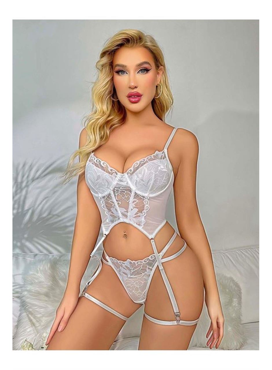 Transparan Beyaz Dantel İşlemeli Büstiyerli Jartiyer Takımı