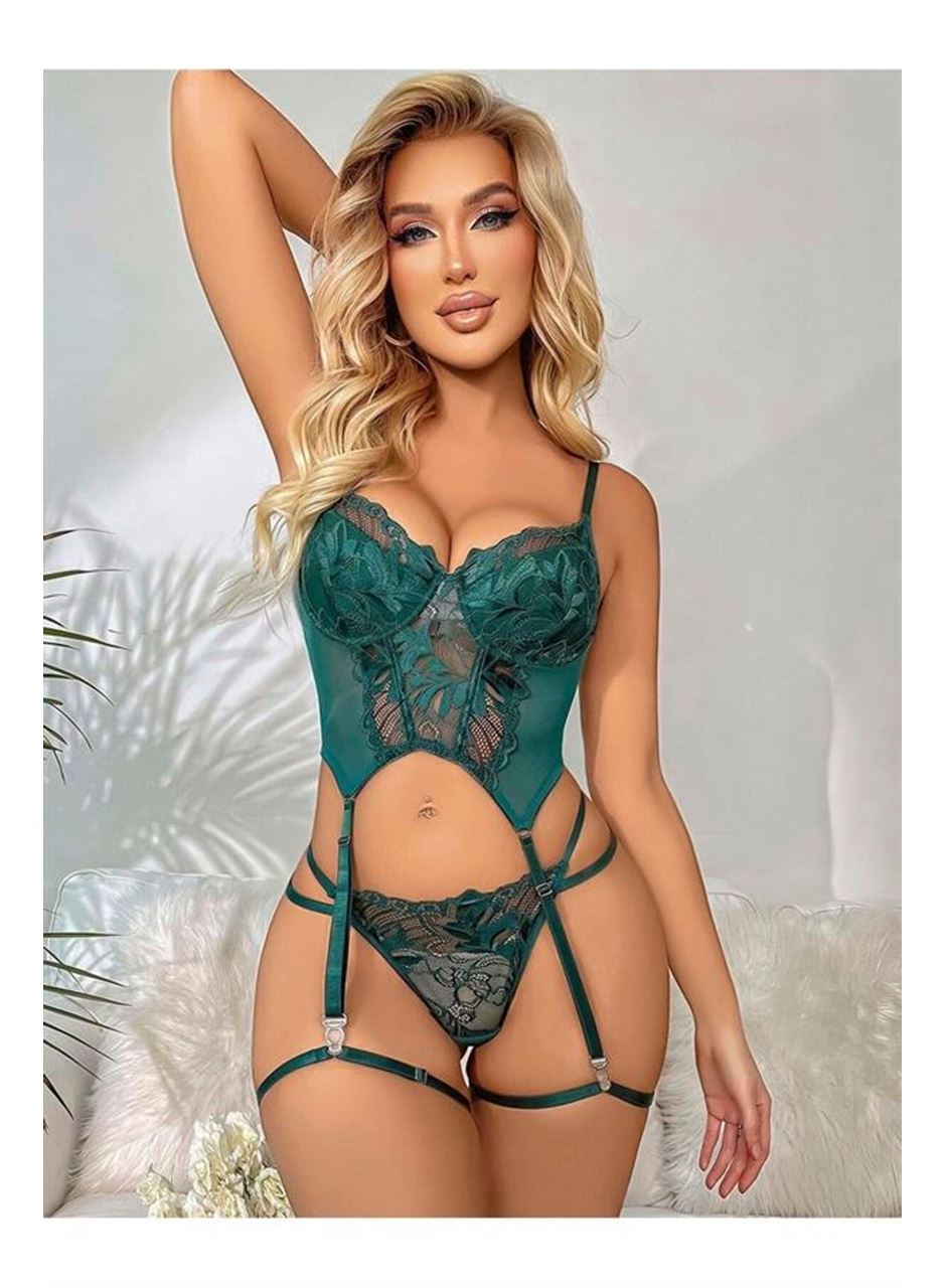 Transparan Yeşil Dantel İşlemeli Büstiyerli Jartiyer Takımı