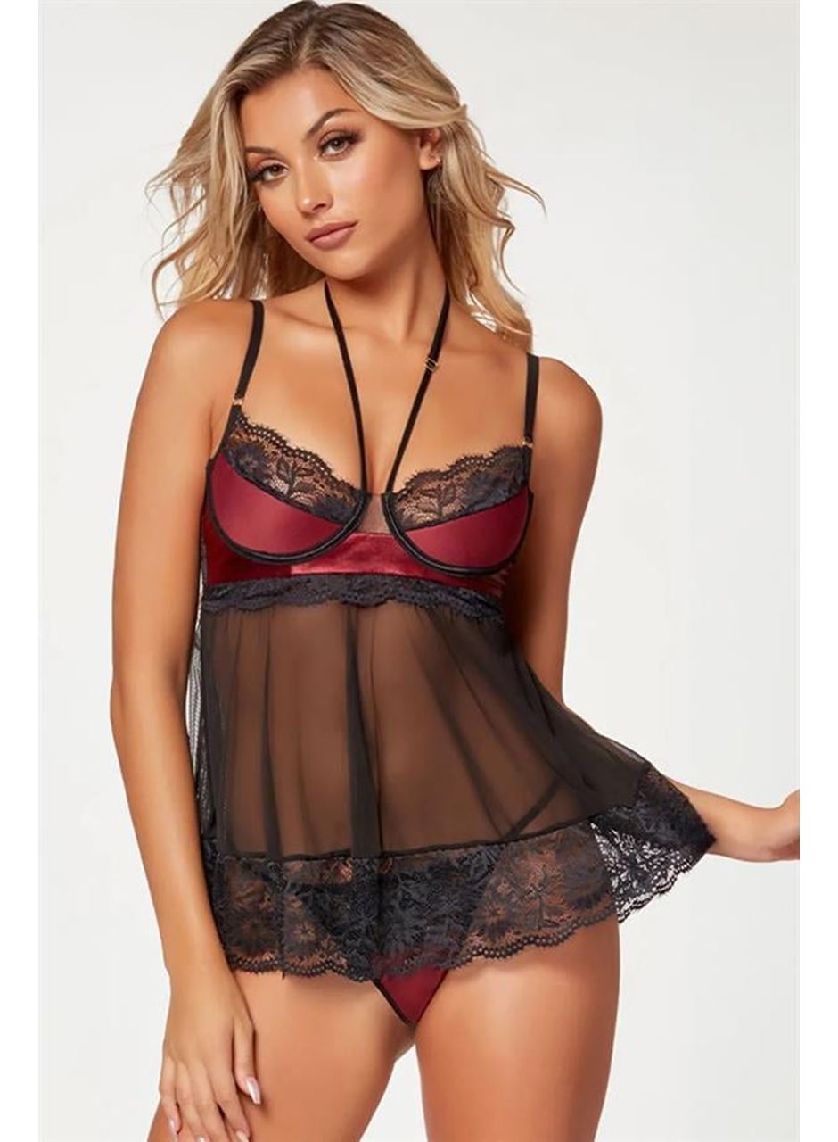 Bordo Dantel İşlemeli Fantezi Gecelik