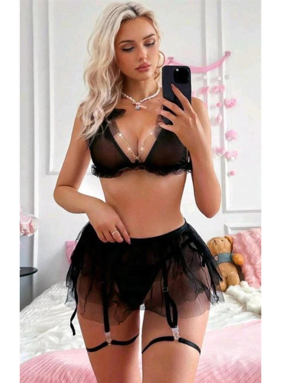 Transparan Siyah Zincir Detaylı Fantezi Tül Etekli Jartiyer Takımı