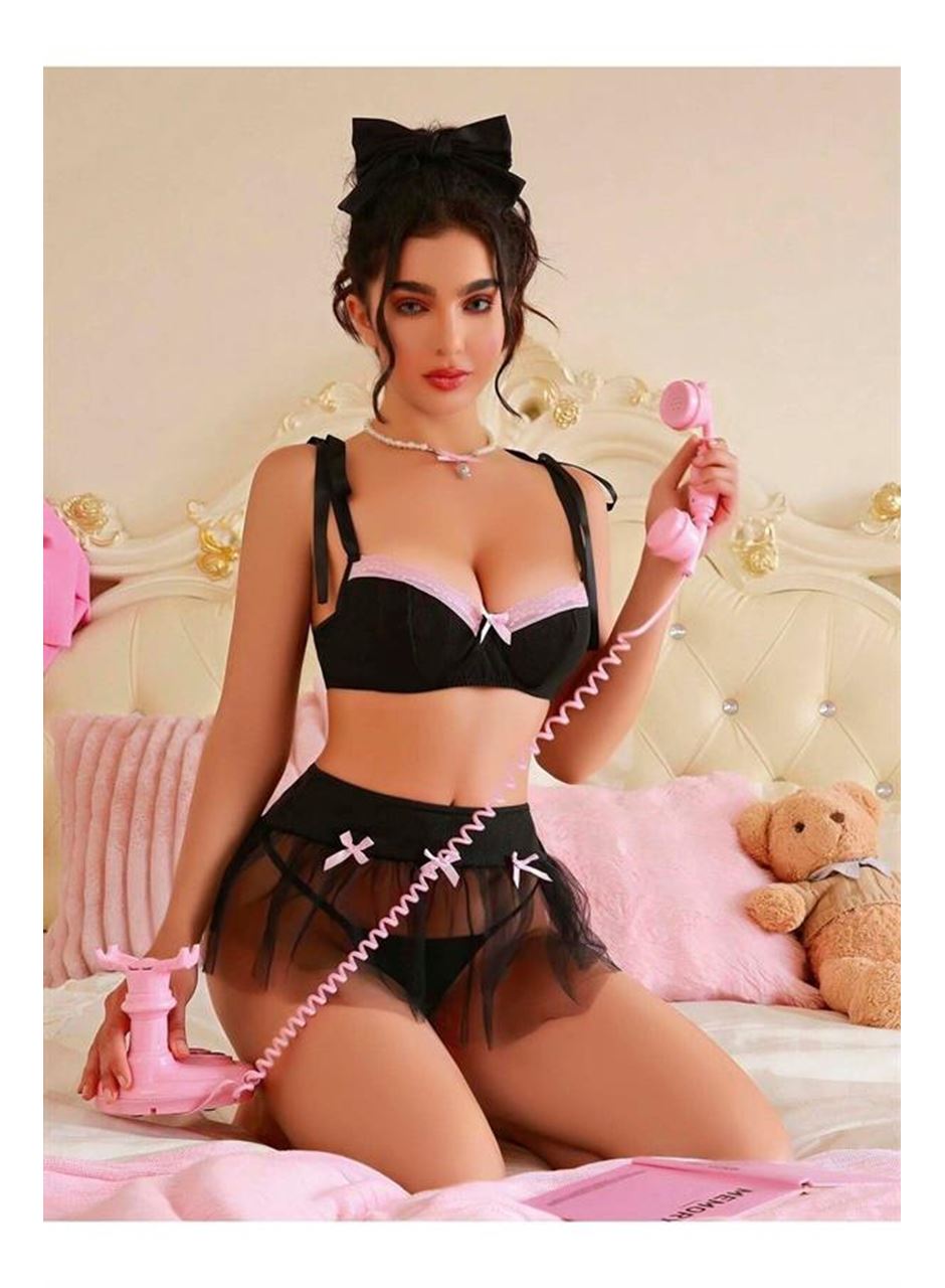 Transparan Siyah Kurdela Detaylı Fantezi Tül Etekli Sütyen Takımı