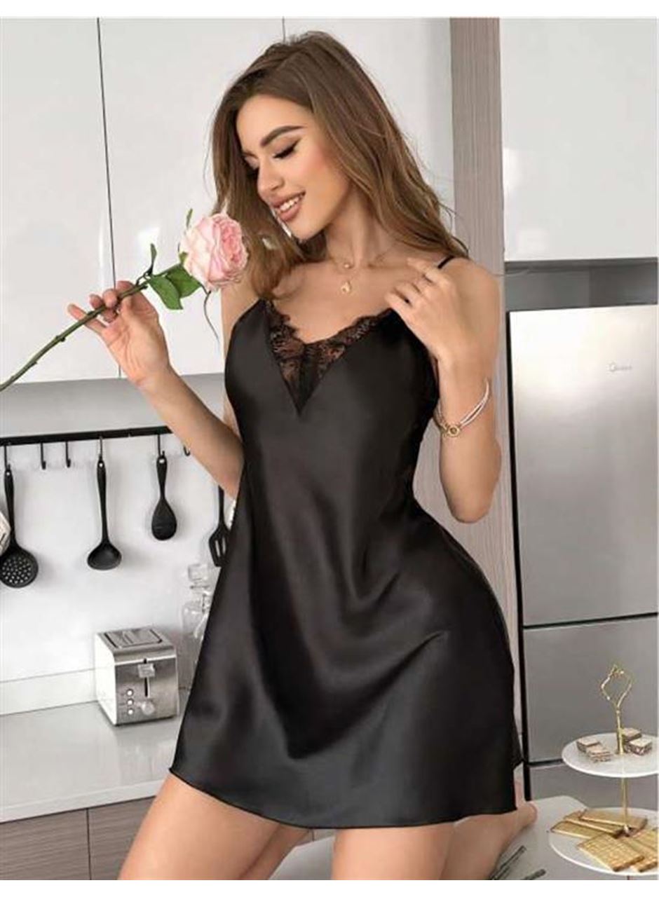 Siyah Dantel İşlemeli İnce Askılı Saten Mini Gecelik