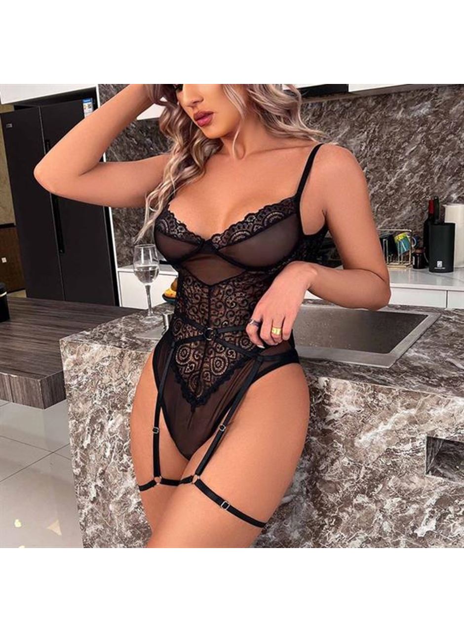 Özel Tasarım Siyah Dantel İşlemeli Jartiyerli Fantezi Body