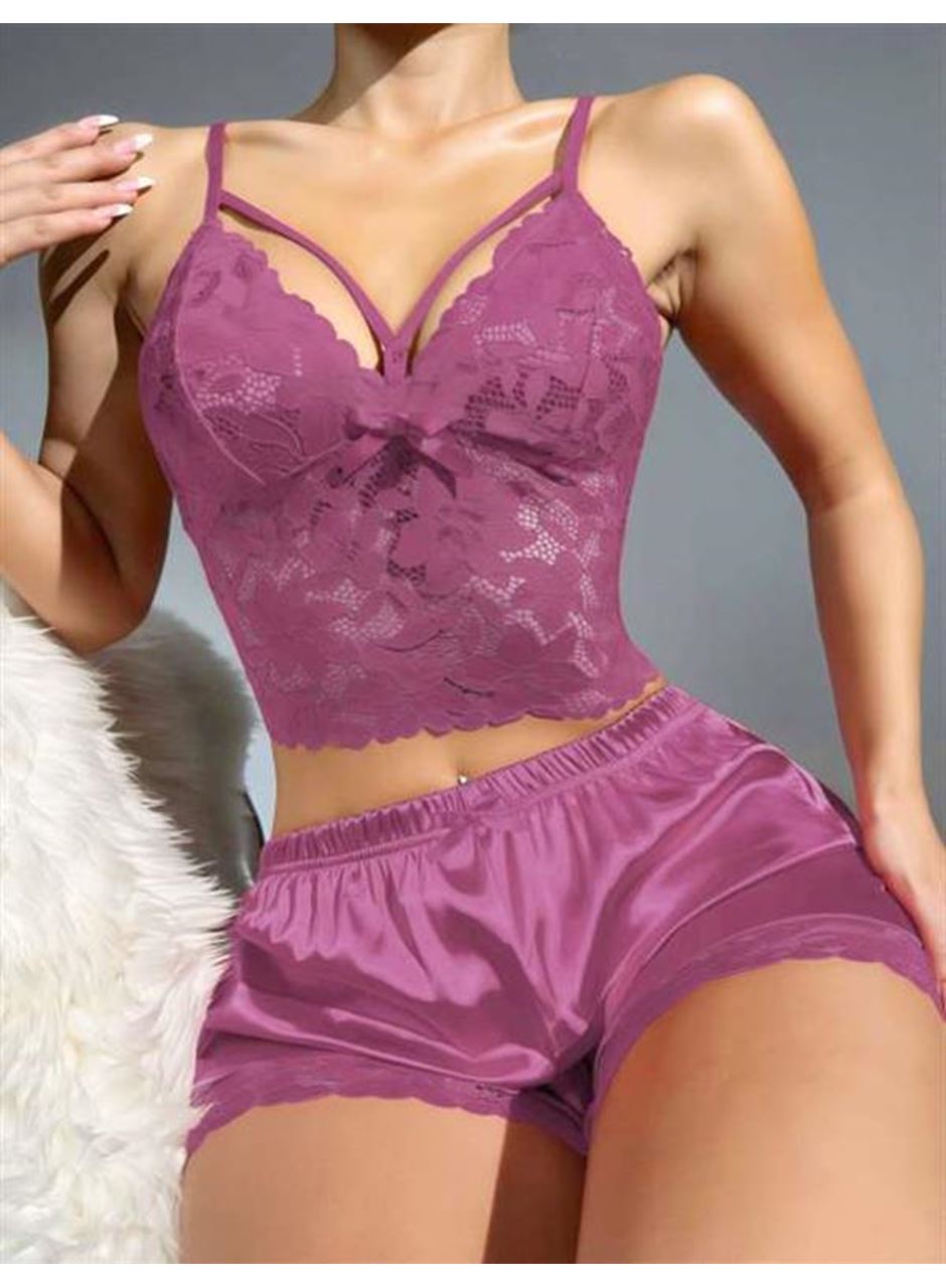 Dantelli Büstiyer İnce Askılı Lila Saten Şortlu Takım