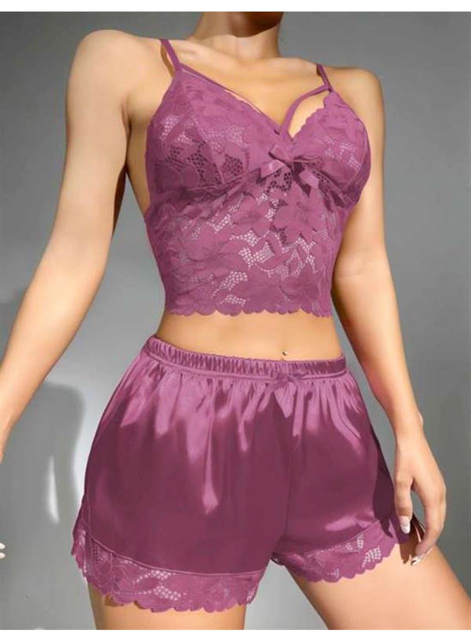 Dantelli Büstiyer İnce Askılı Lila Saten Şortlu Takım