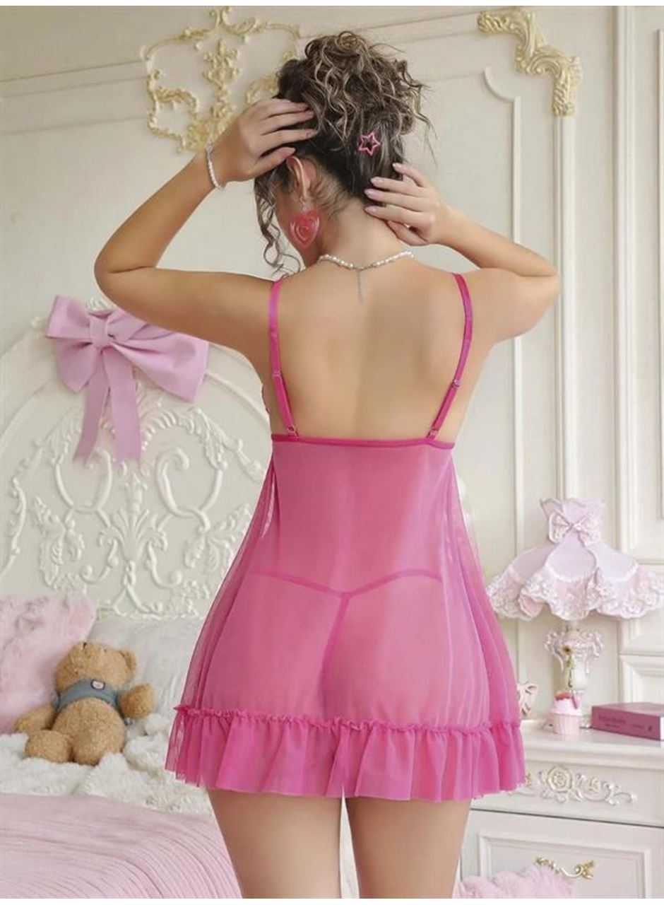 Fuşya Dantel İşlemeli Göğüs Dekolteli Fiyonklu Fantezi String Tül Gecelik Takımı