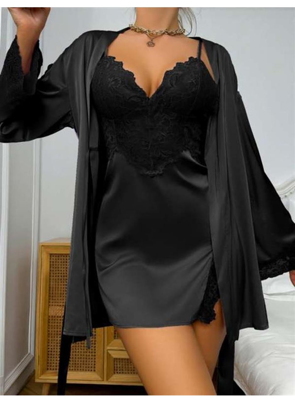 Dantel İşlemeli İnce Askılı Siyah 2'li Saten Gecelik Sabahlık Takımı