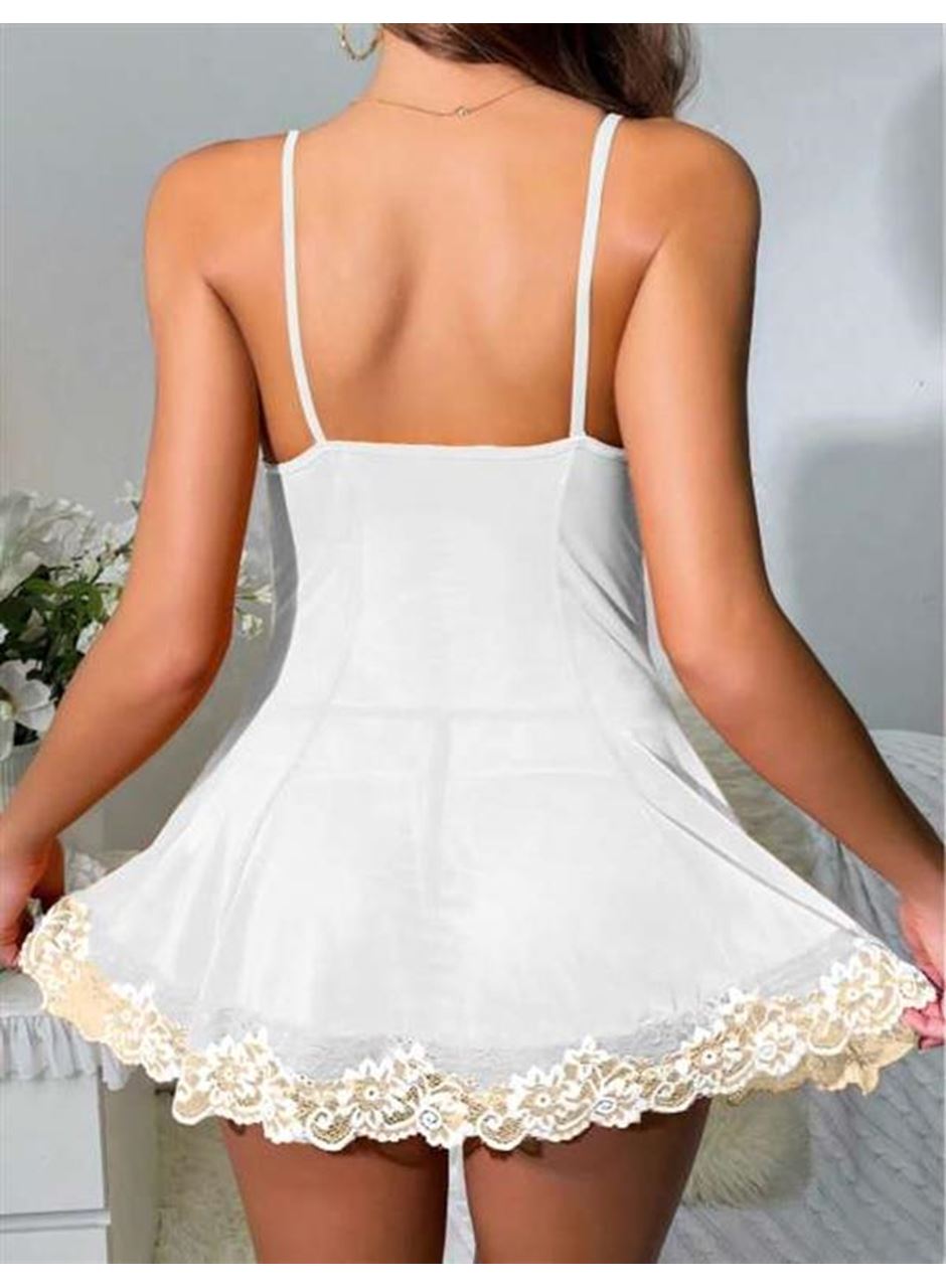 Beyaz Dantel İşlemeli İnce Askılı Likralı Fantezi Tül Gecelik