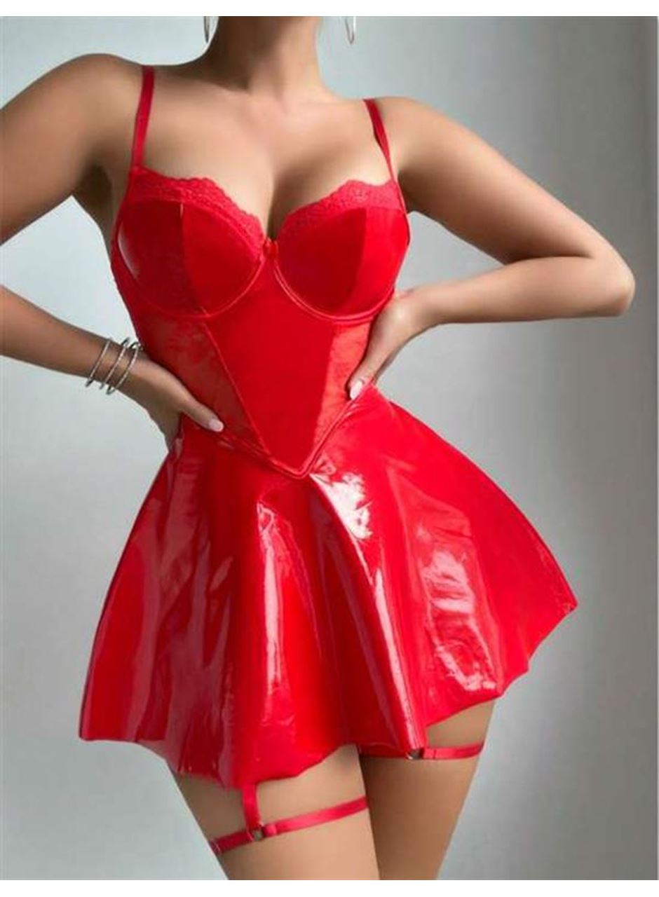 Kırmızı Parlak Deri Şık Bacak Bantlı Fantezi Club Elbise