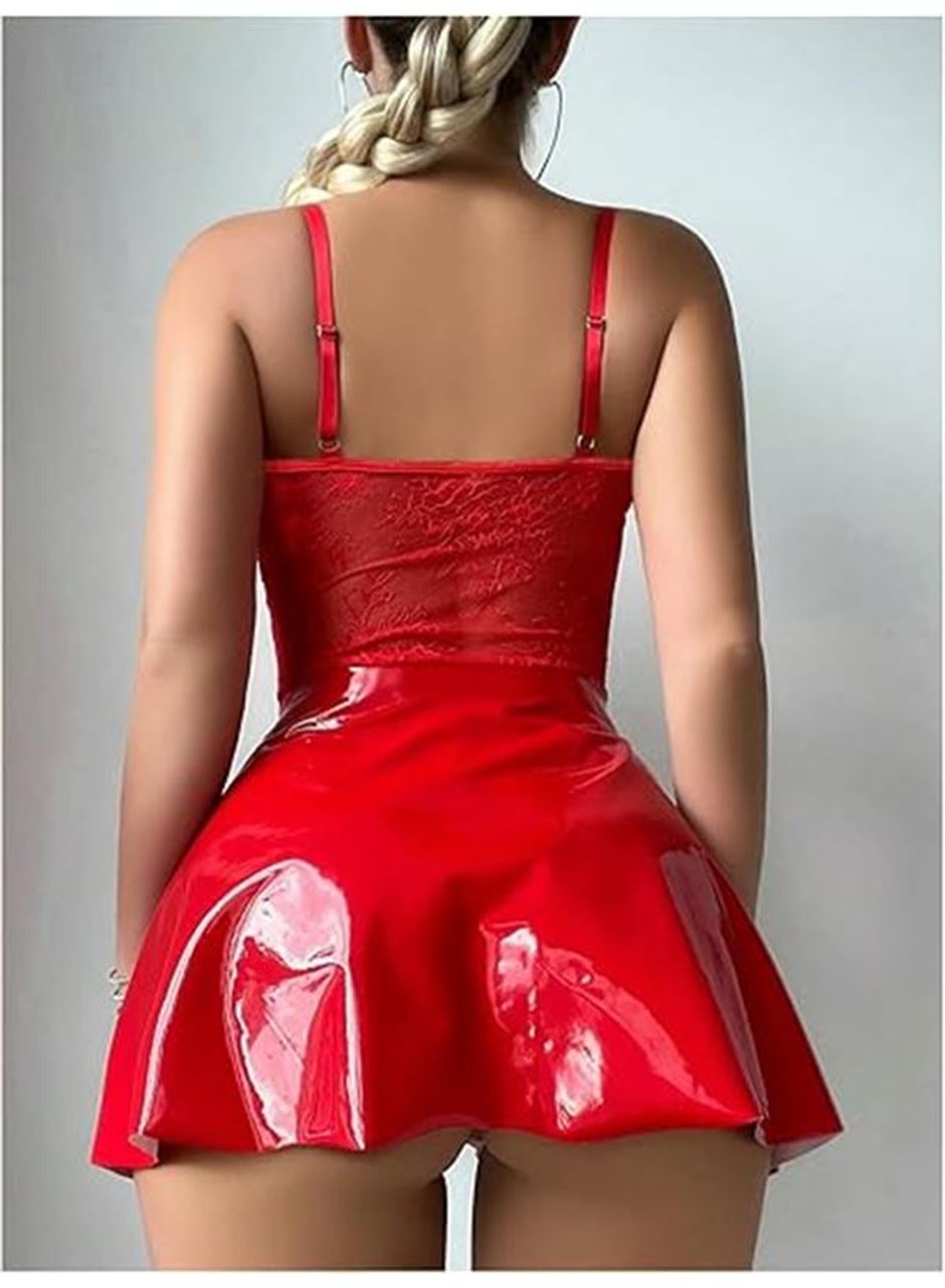 Kırmızı Parlak Deri Şık Bacak Bantlı Fantezi Club Elbise