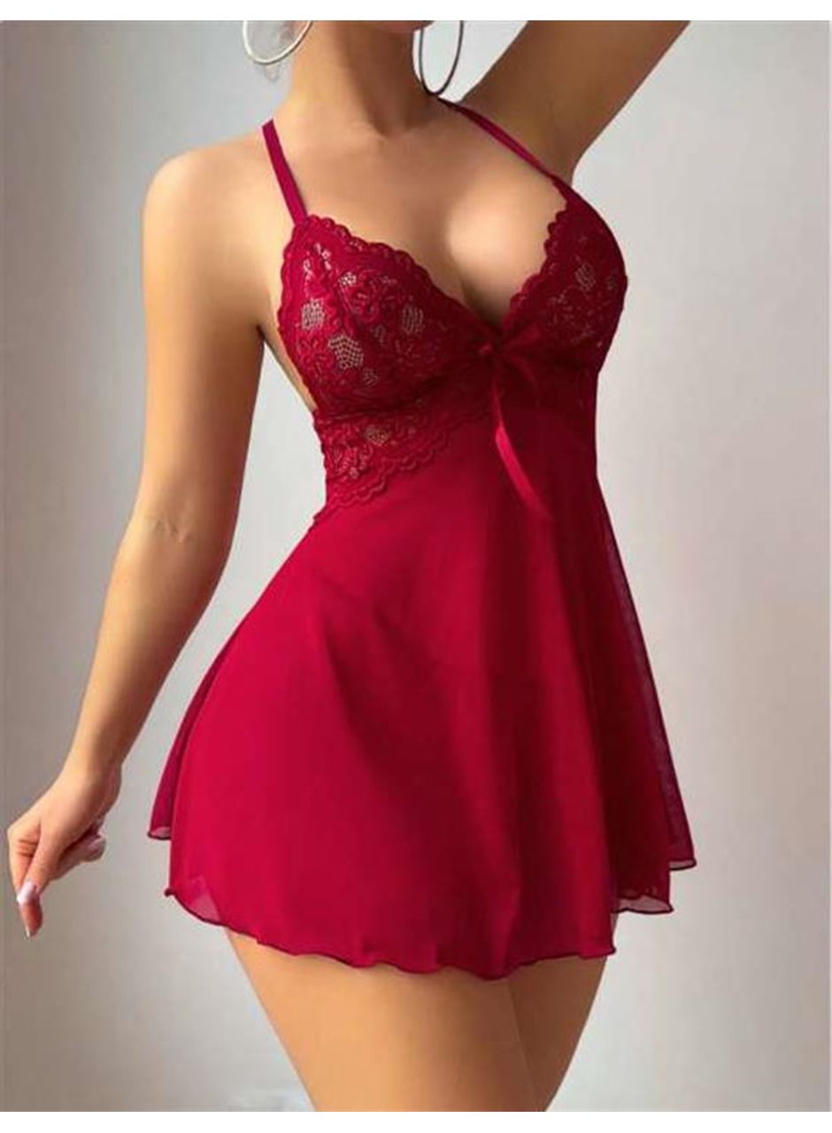 Bordo Dantel İşlemeli Boyundan Bağlamalı Likralı Fantezi Tül Gecelik