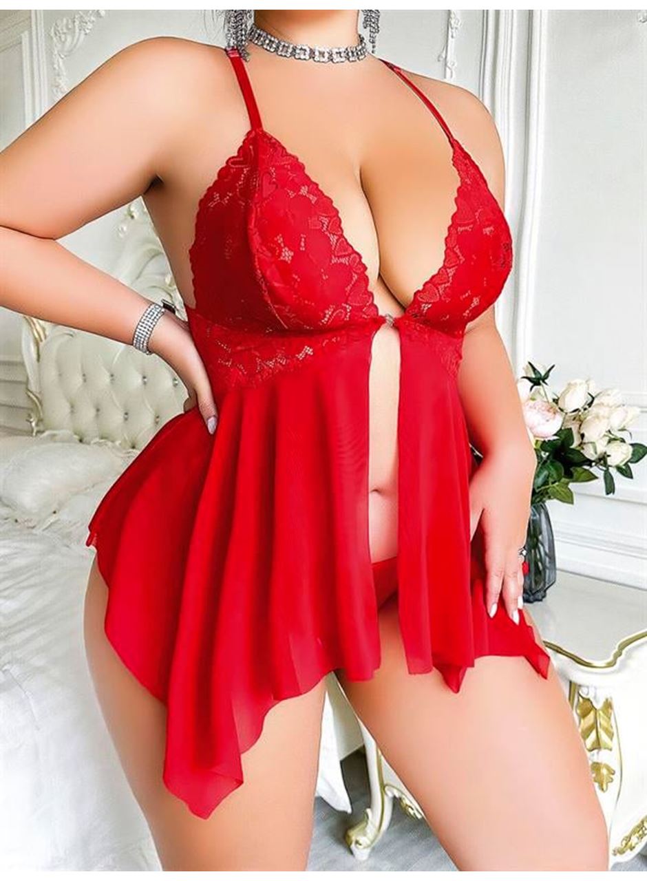 Büyük Beden Dantel İşlemeli Fırfırlı Dekolteli Fantezi Tül Kırmızı Gecelik