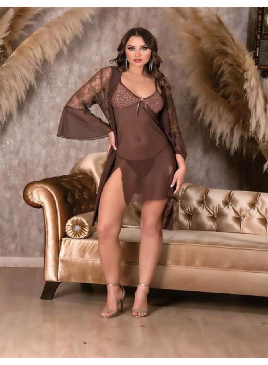 Leopar Desenli Transparan Dantel İşlemeli Tül Yırtmaçlı 2'li Gecelik Takımı