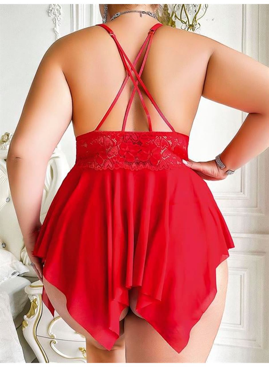 Büyük Beden Dantel İşlemeli Fırfırlı Dekolteli Fantezi Tül Kırmızı Gecelik