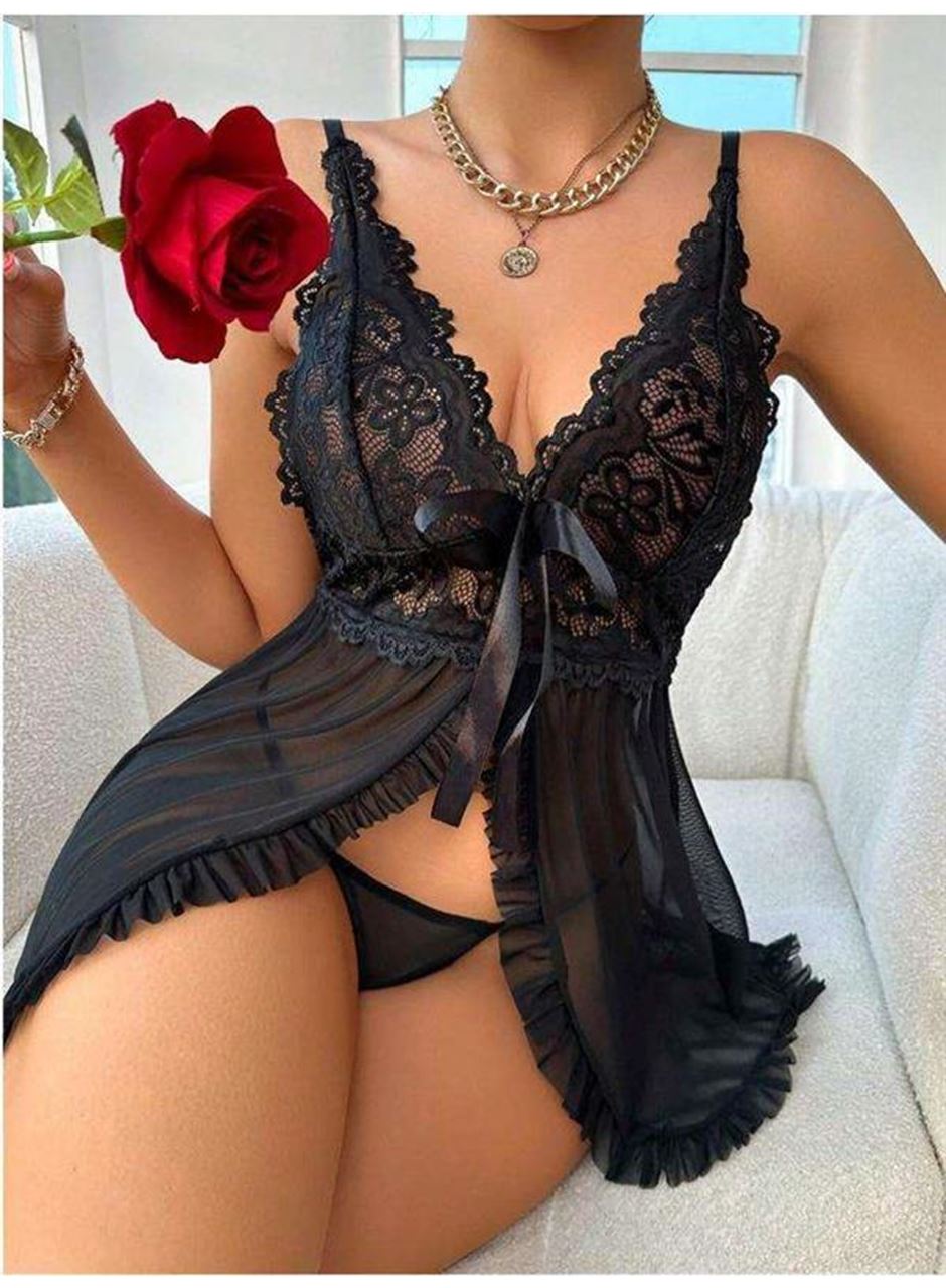 Özel Tasarım Siyah Dantel İşlemeli Yırtmaçlı Kurdelalı Tül Fantezi Şık Gecelik