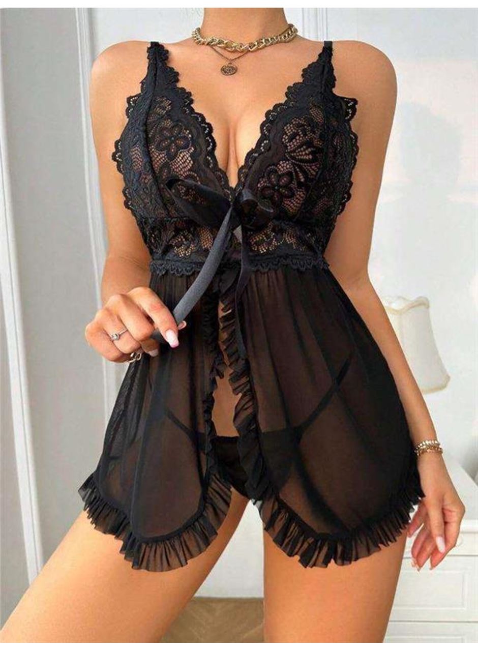 Özel Tasarım Siyah Dantel İşlemeli Yırtmaçlı Kurdelalı Tül Fantezi Şık Gecelik