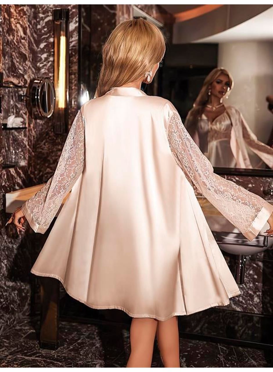 Özel Tasarım Şık Dantel İşlemeli Sabahlıklı 2'li Pudra Saten Gecelik Takımı