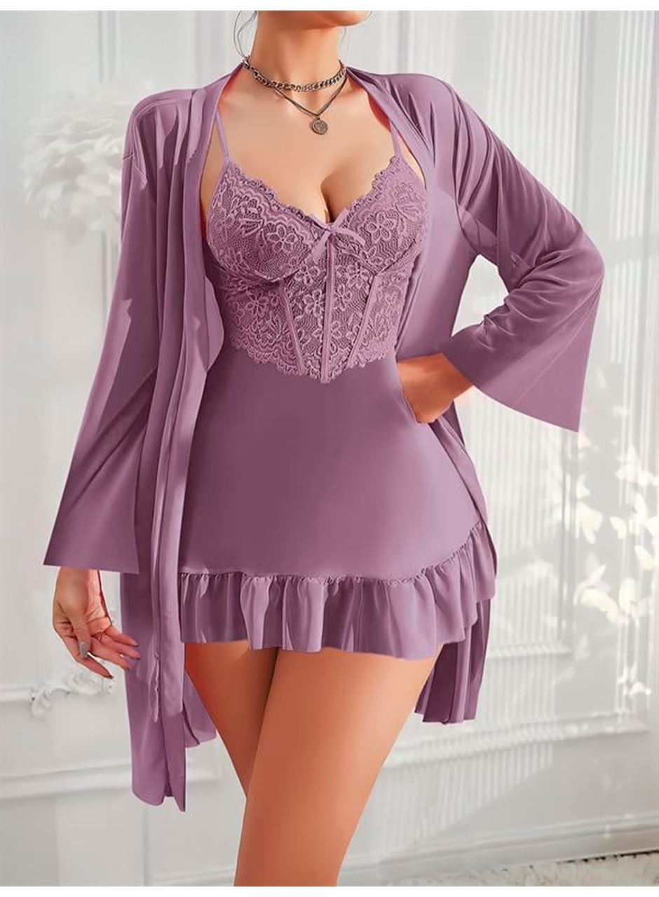 Özel Tasarım Dantel İşlemeli Fırfırlı Sabahlıklı 2'li Mor Gecelik Takımı