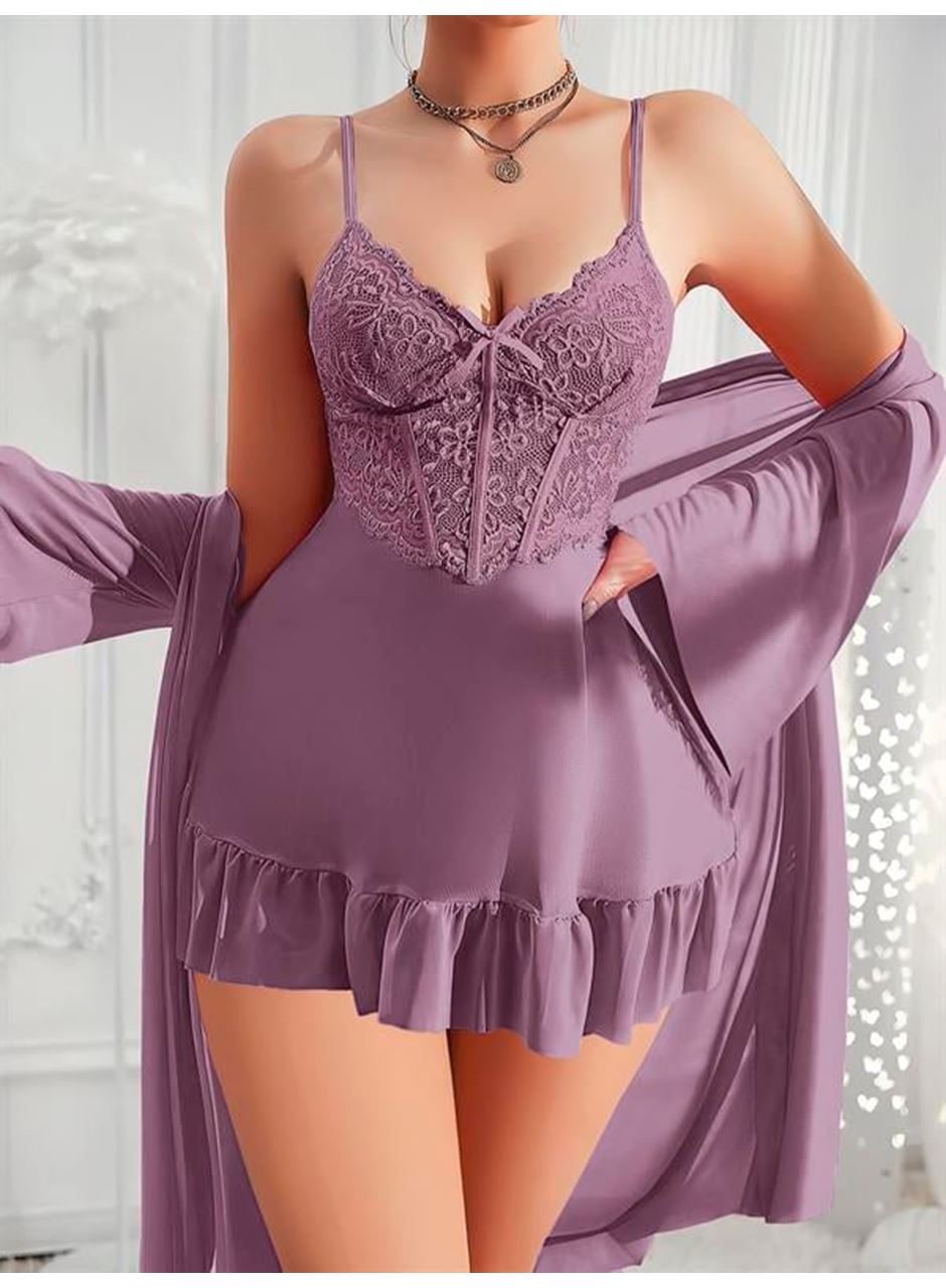 Özel Tasarım Dantel İşlemeli Fırfırlı Sabahlıklı 2'li Mor Gecelik Takımı