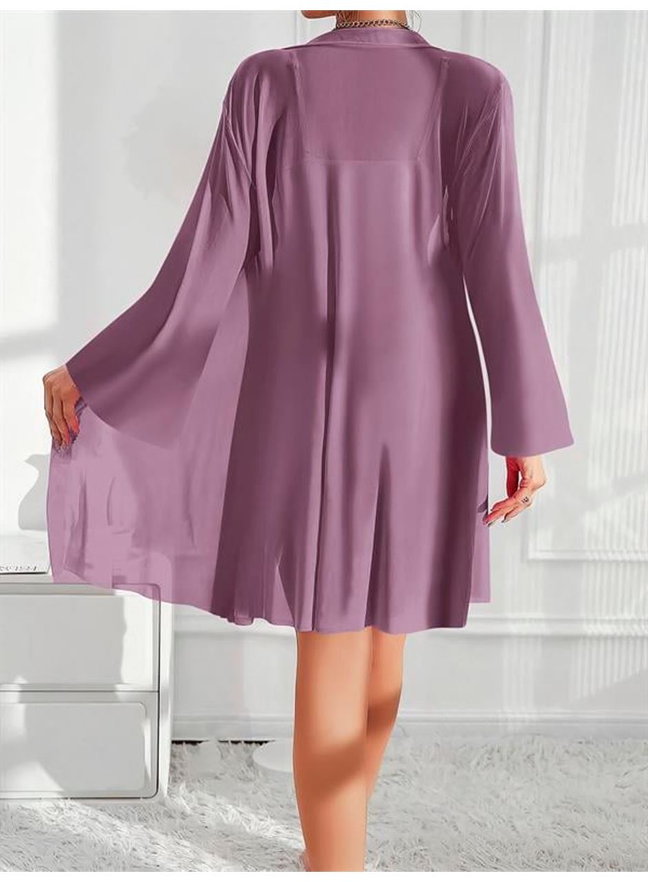 Özel Tasarım Dantel İşlemeli Fırfırlı Sabahlıklı 2'li Mor Gecelik Takımı